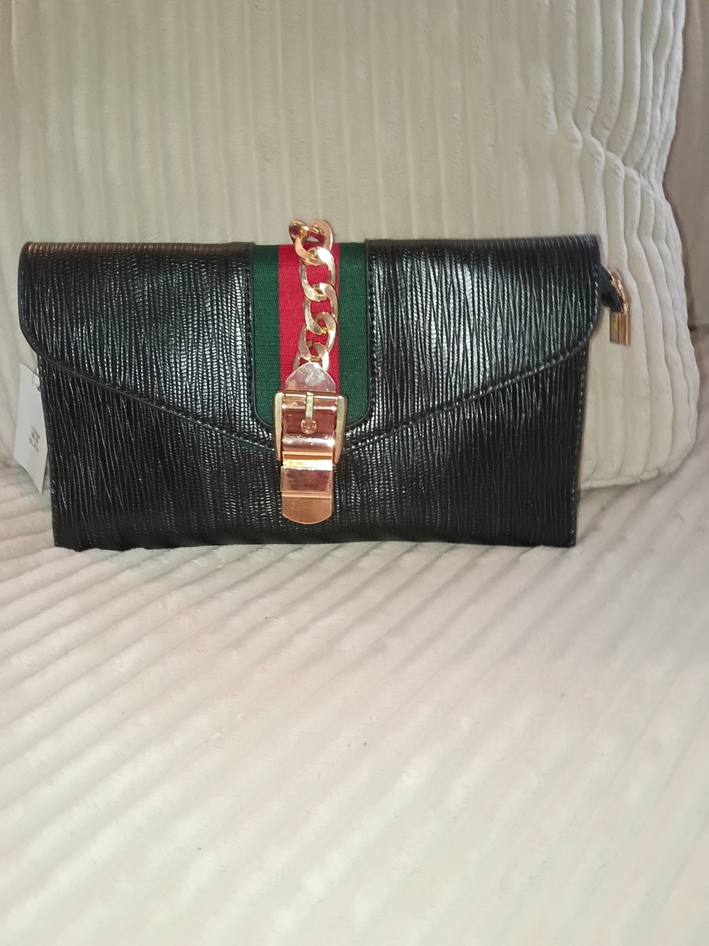 Black Clutch with Green and Red Accent and Gold Hardware